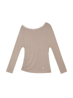 Off-Shoulder Pearl-Button Long-Sleeve T-Shirt