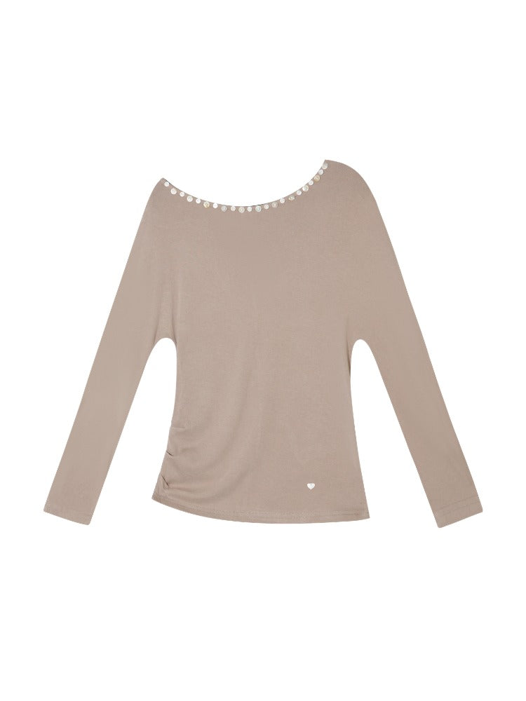Off-Shoulder Pearl-Button Long-Sleeve T-Shirt