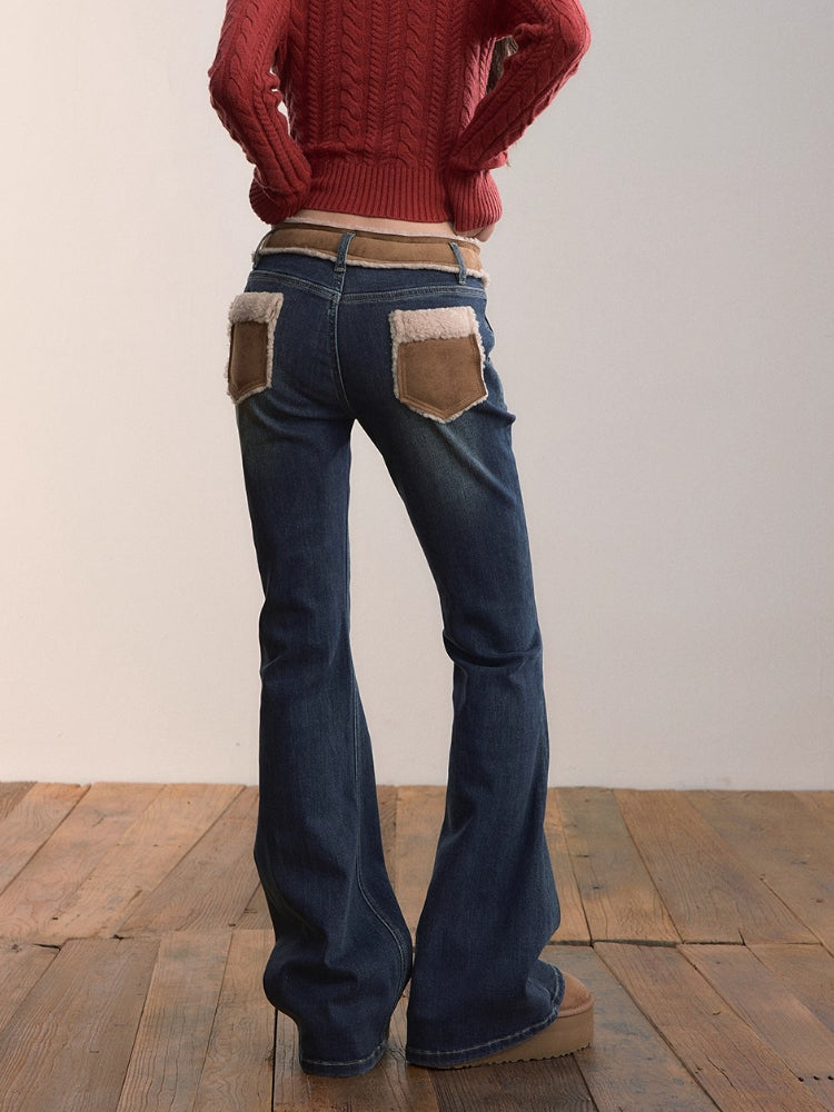 Color-Blocked Faux Fur Waist Slim Flare Jeans