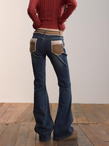 Color-Blocked Faux Fur Waist Slim Flare Jeans
