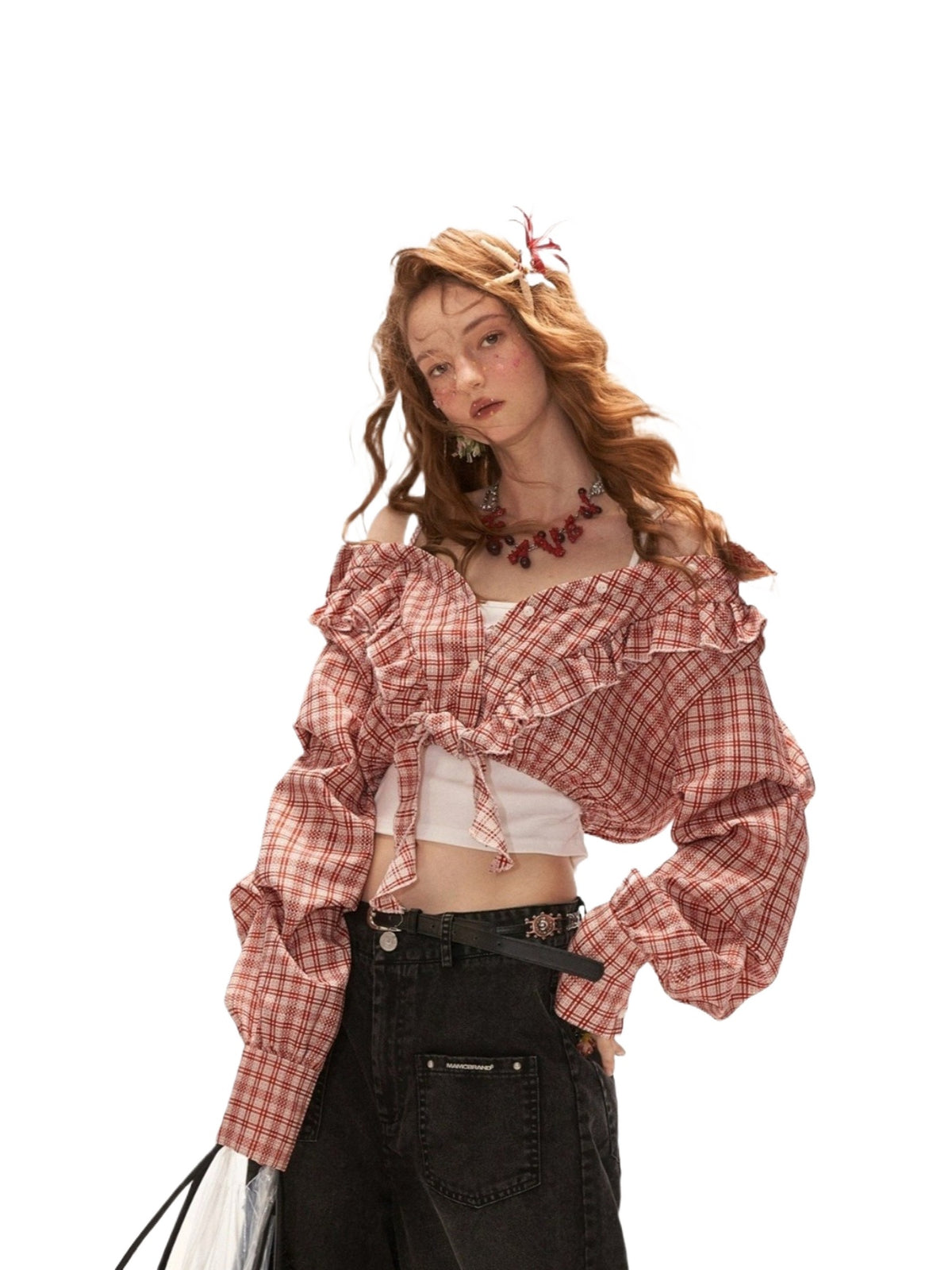 Plaid Tie Off-Shoulder Shirt