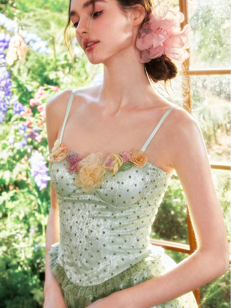Polka Dot 3D Floral Mesh Strap Dress