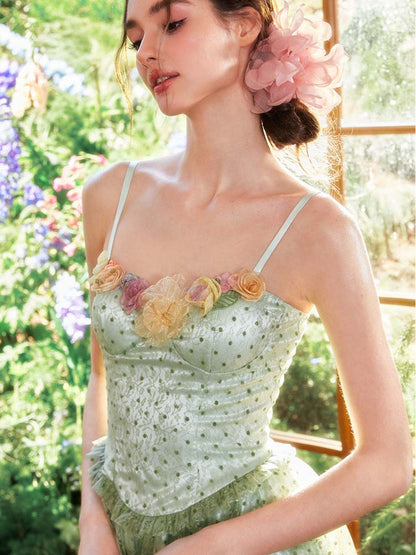Polka Dot 3D Floral Mesh Strap Dress