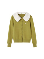 Green Detachable Fur Collar Cardigan
