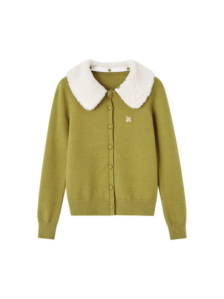 Green Detachable Fur Collar Cardigan
