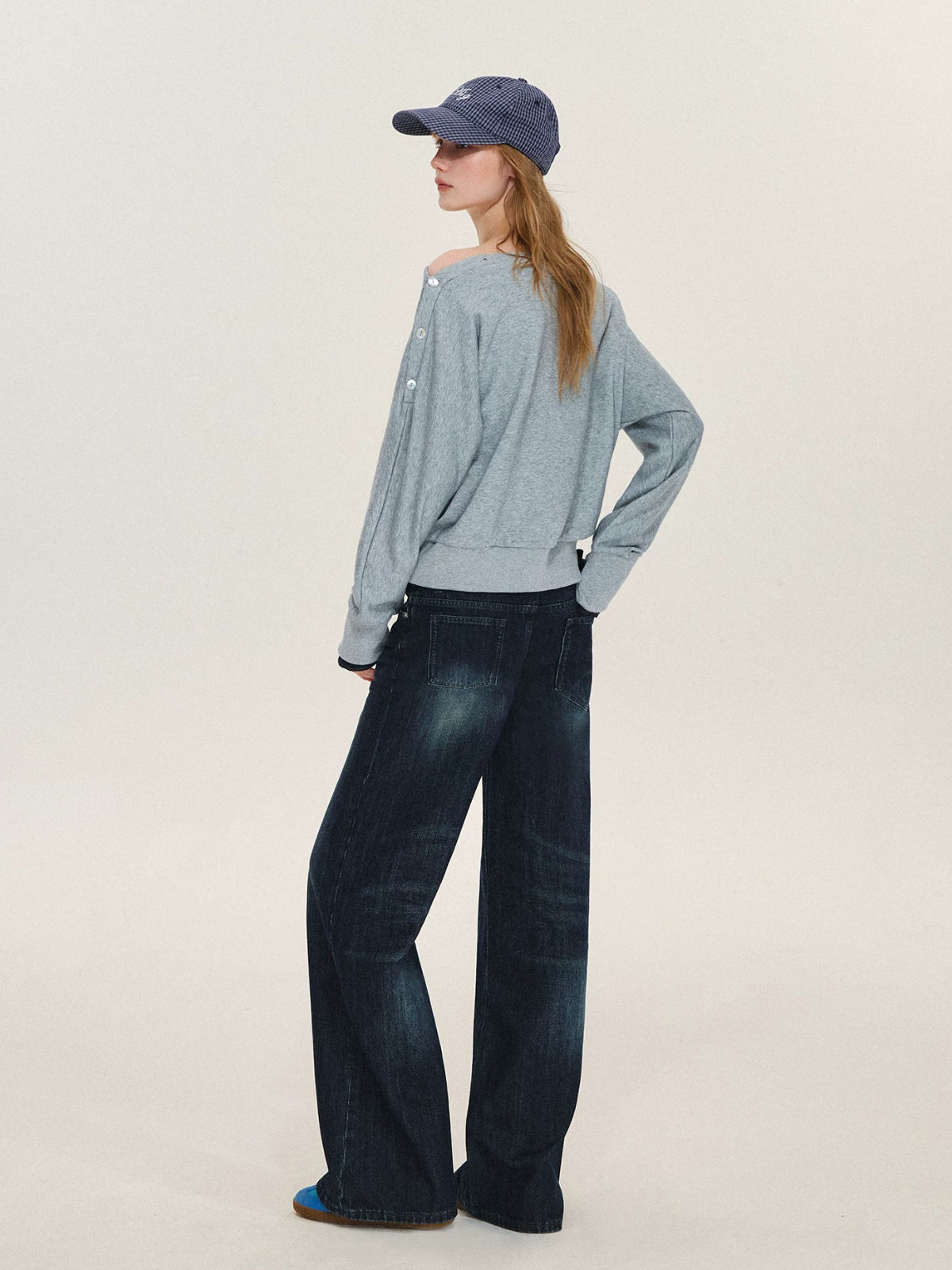 Rhinestone Button Off-Shoulder Sweatshirt