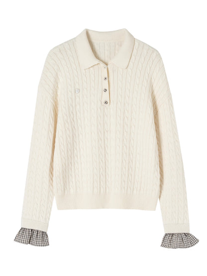 Cable‑Knit Polo Collar Plaid Splice Sweater