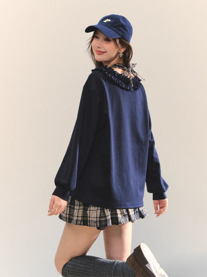 Navy Blue Plaid Halter Ruffle Sweatshirt &amp; Skirt set