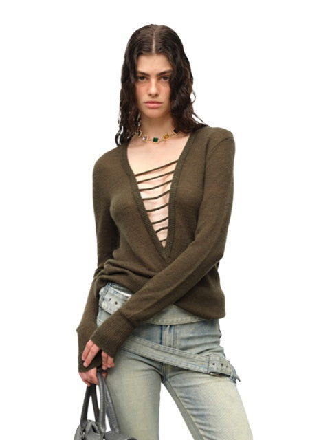 Black &amp; Green Wool Handmade Drawstring Knit Pullover Sweater