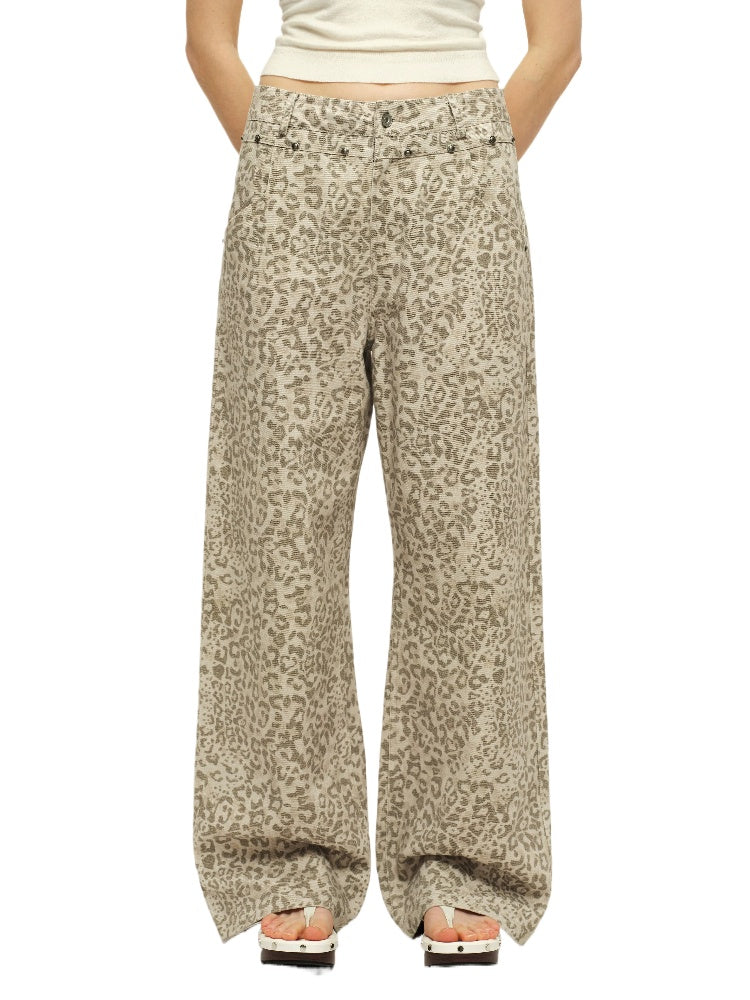 Studded Leopard Wide-Leg Pants