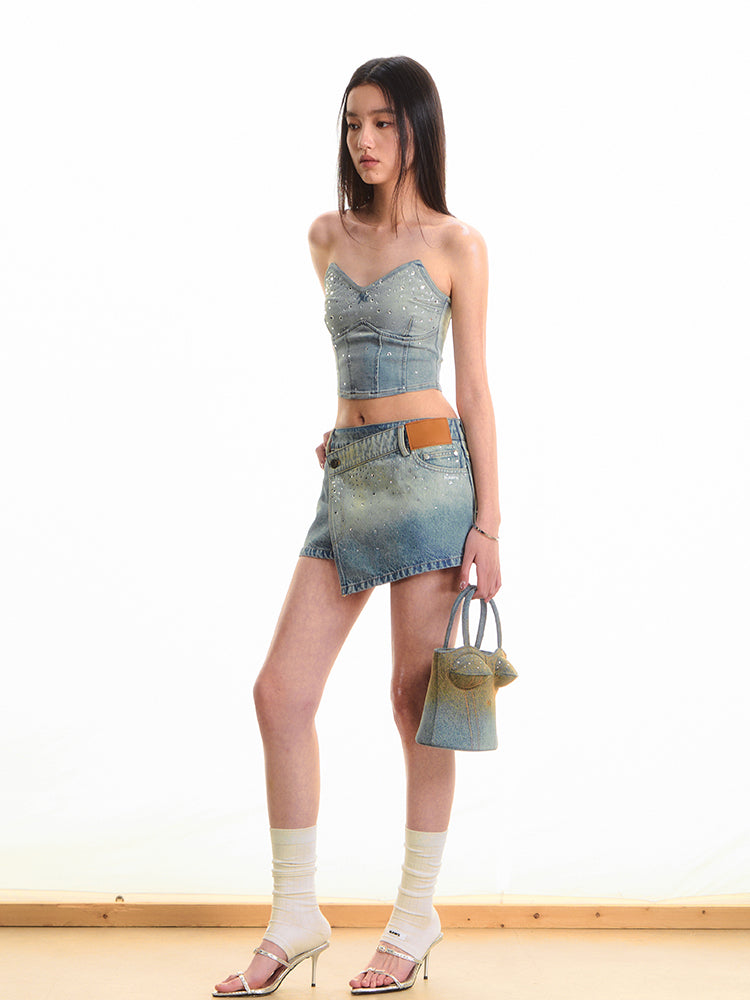 Waist-enhancing Rhinestone Denim Bustier