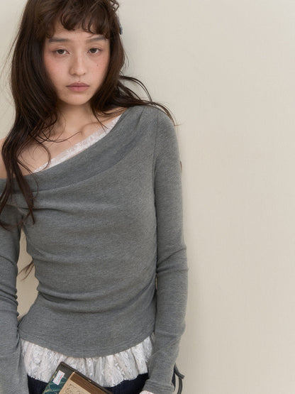 Lace Faux Two-Piece Long Sleeve T-shirt