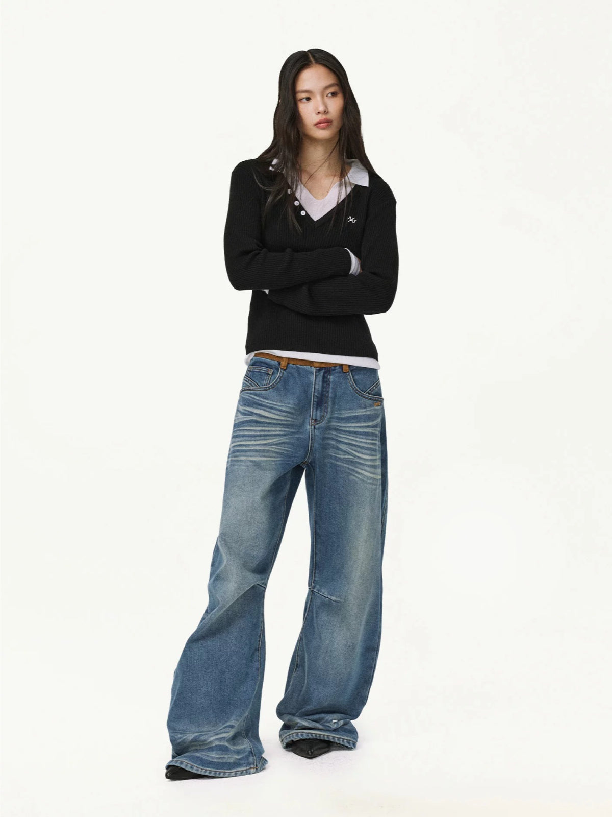 Contrast Layered V-Neck Wool Sweater