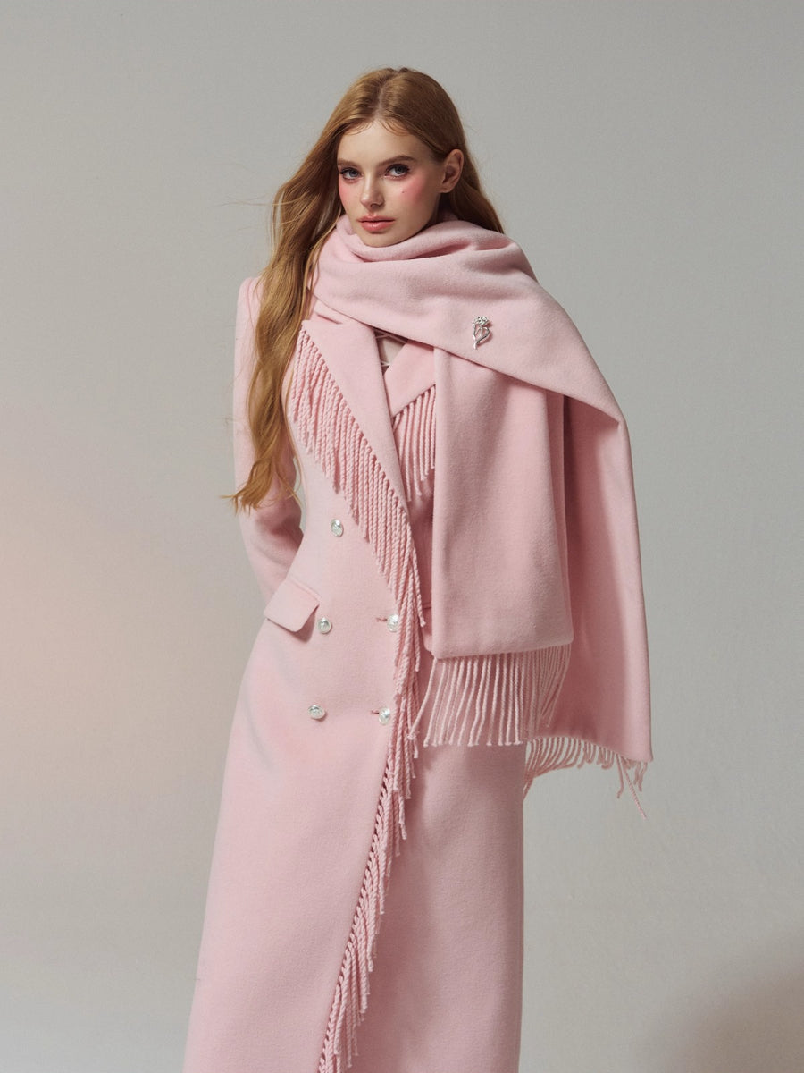 Wool-Blend Hourglass Fringe-Scarf Double-Breasted Long Coat