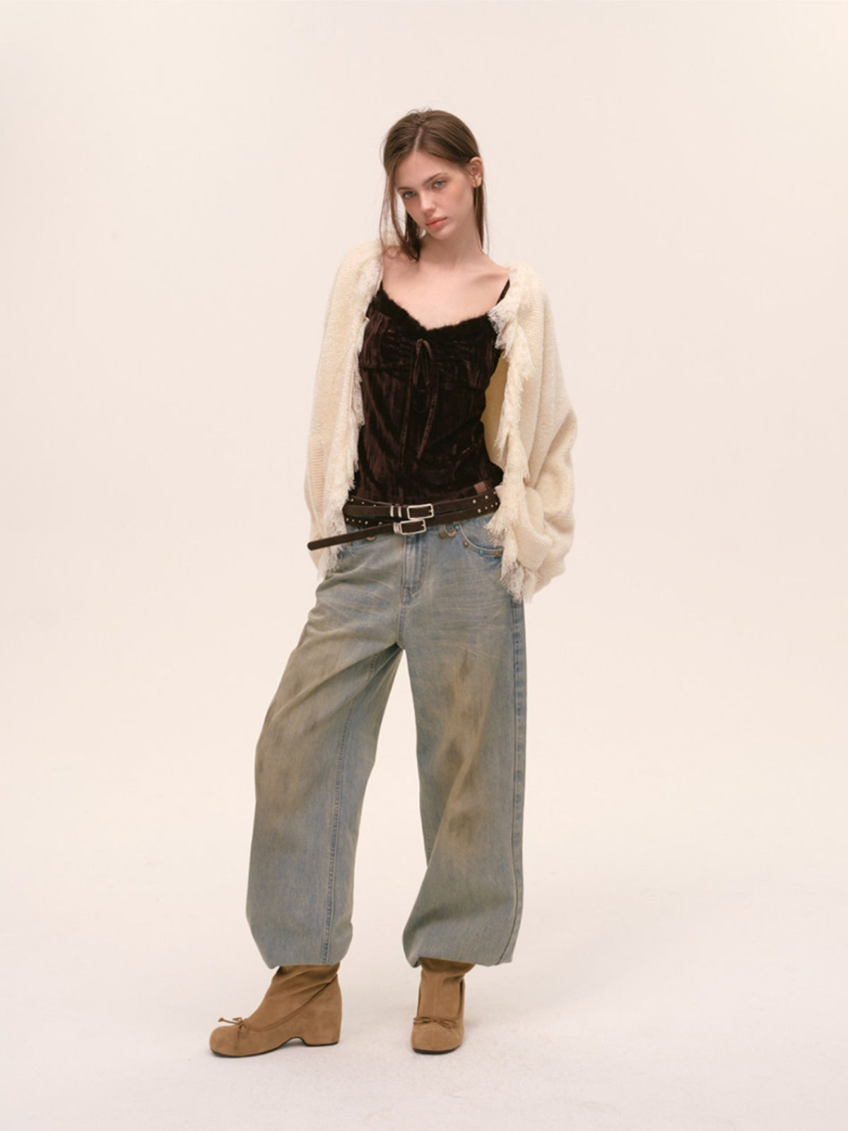 Velvet Fur-Trimmed Tie Front Camisole