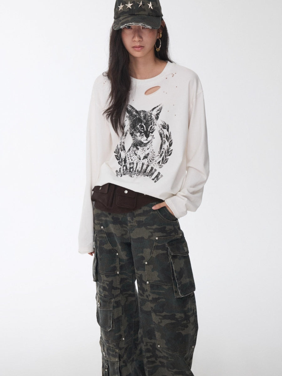 Distressed Cat Graphic Long Sleeve Cotton T-shirt