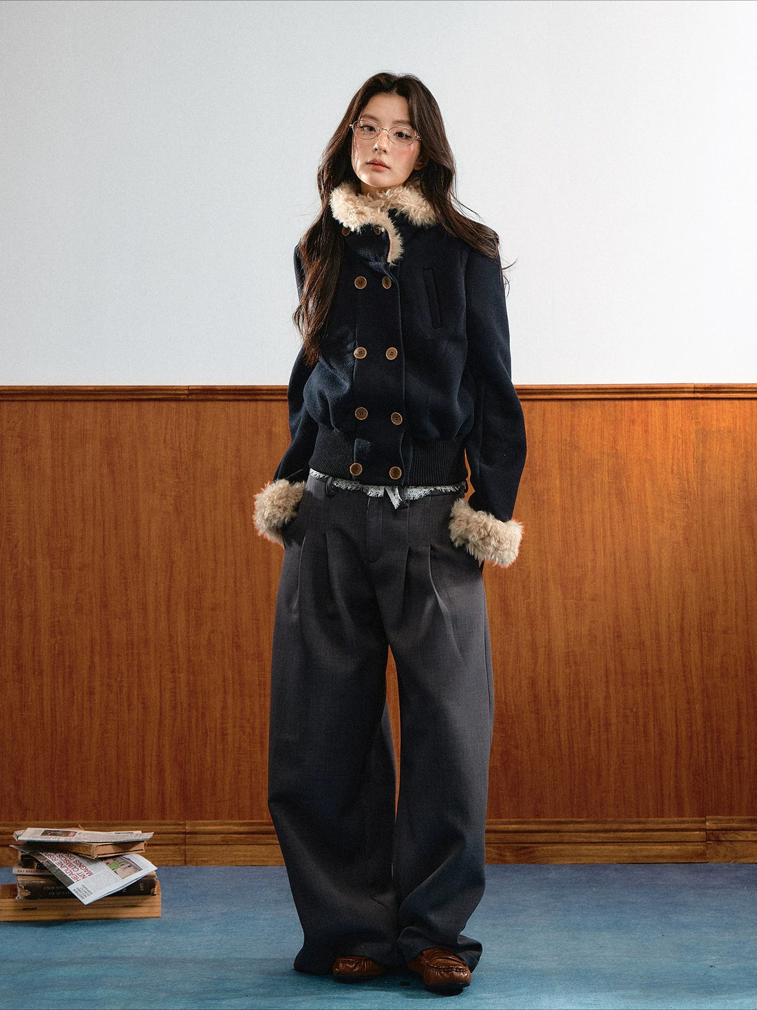 Navy Blue Vintage Faux Fur Collar Jacket