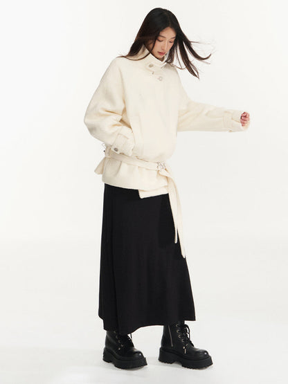 Cream &amp; Black Wool Blend Loose Lapel Jacket