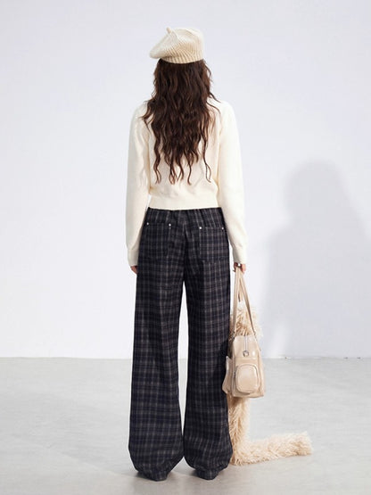 Gray Fleece Checkered Wide-Leg Pants