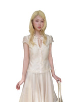 Apricot Tie V-Neck Shirt & Lace Skirt Set