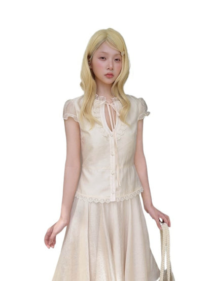 Apricot Tie V-Neck Shirt &amp; Lace Skirt Set