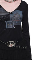 Cat Print Rhinestone V-Neck Top