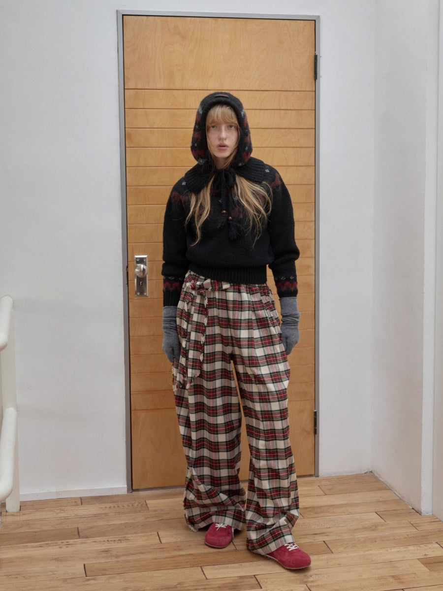 Vintage Red Plaid Brushed Cotton Wide-Leg Pants