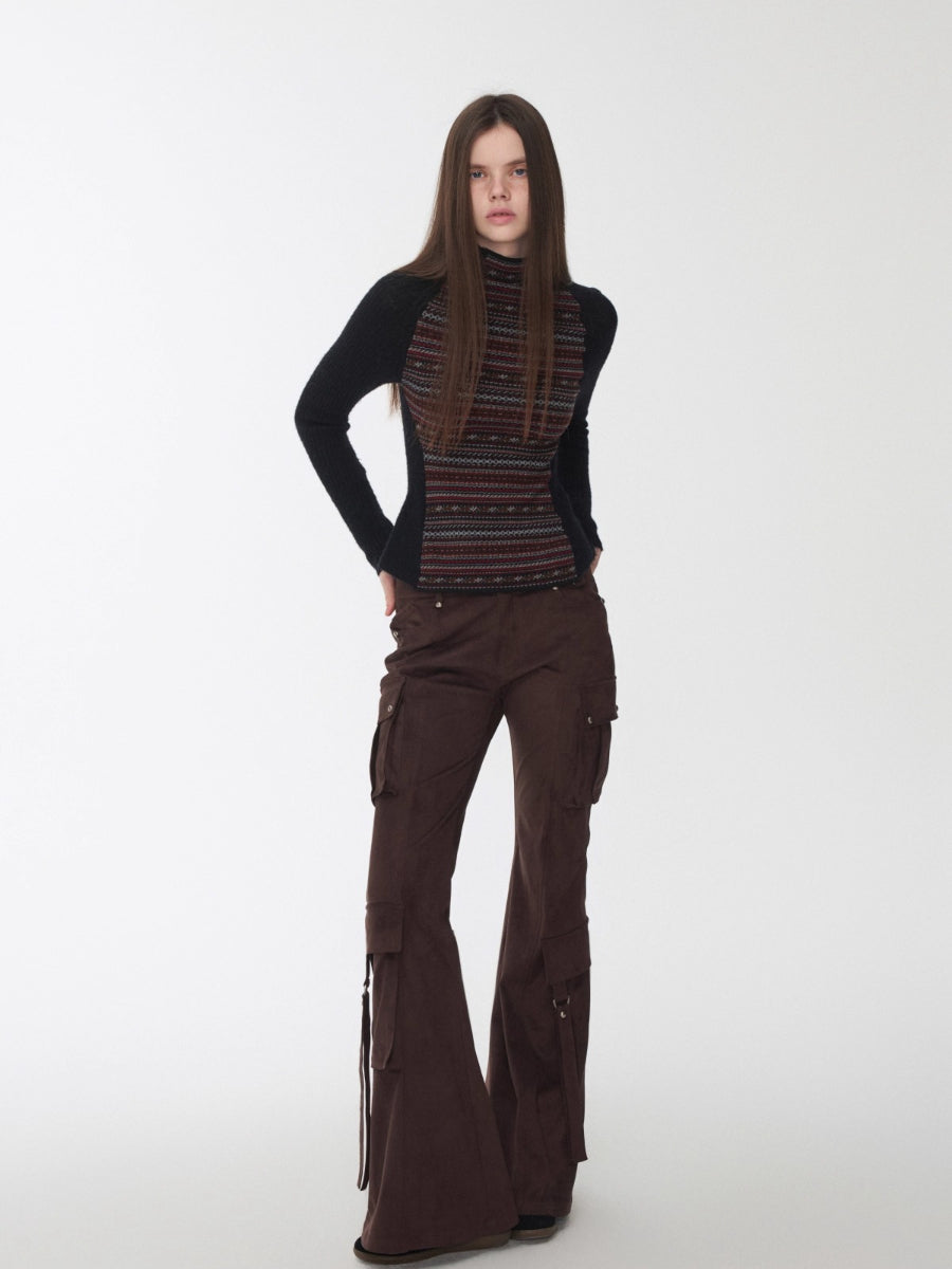 Fair Isle Turtleneck Raglan Sleeve Colorblock Knit Base Layer