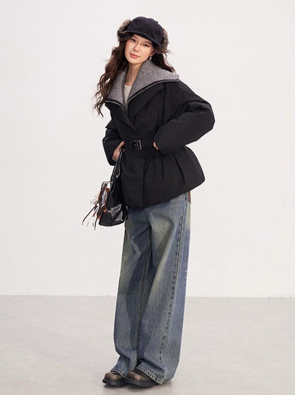 Belted Contrast-Knit Collar Down Coat