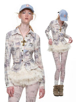 Cat Newspaper Print Lace Shirt