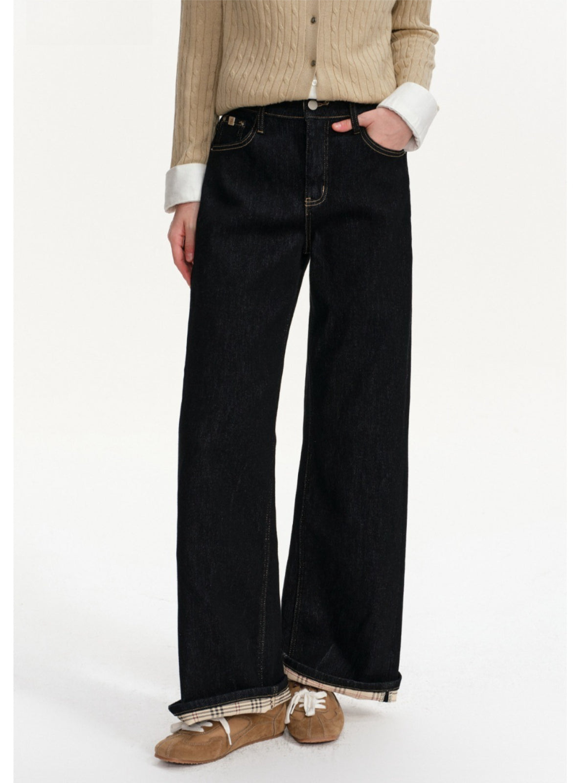 Vintage Plaid Lined Straight Jeans