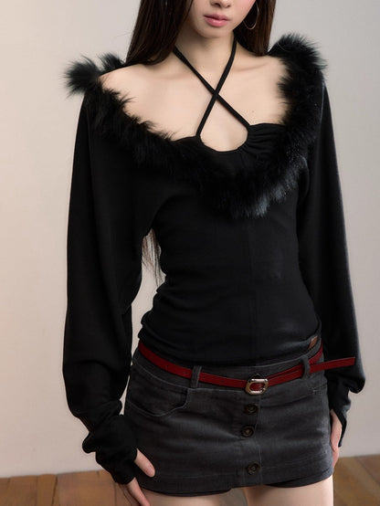 Fox-Trim Halter Knit Top