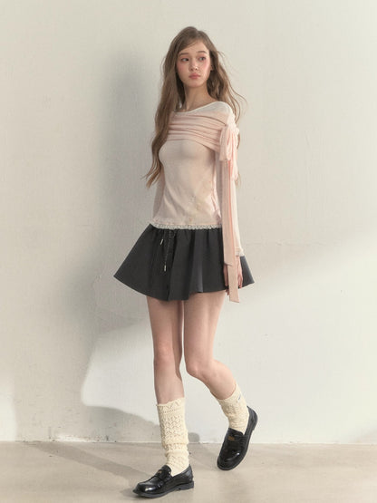 “Ribbon Shoulder” Off-Shoulder Knit Top