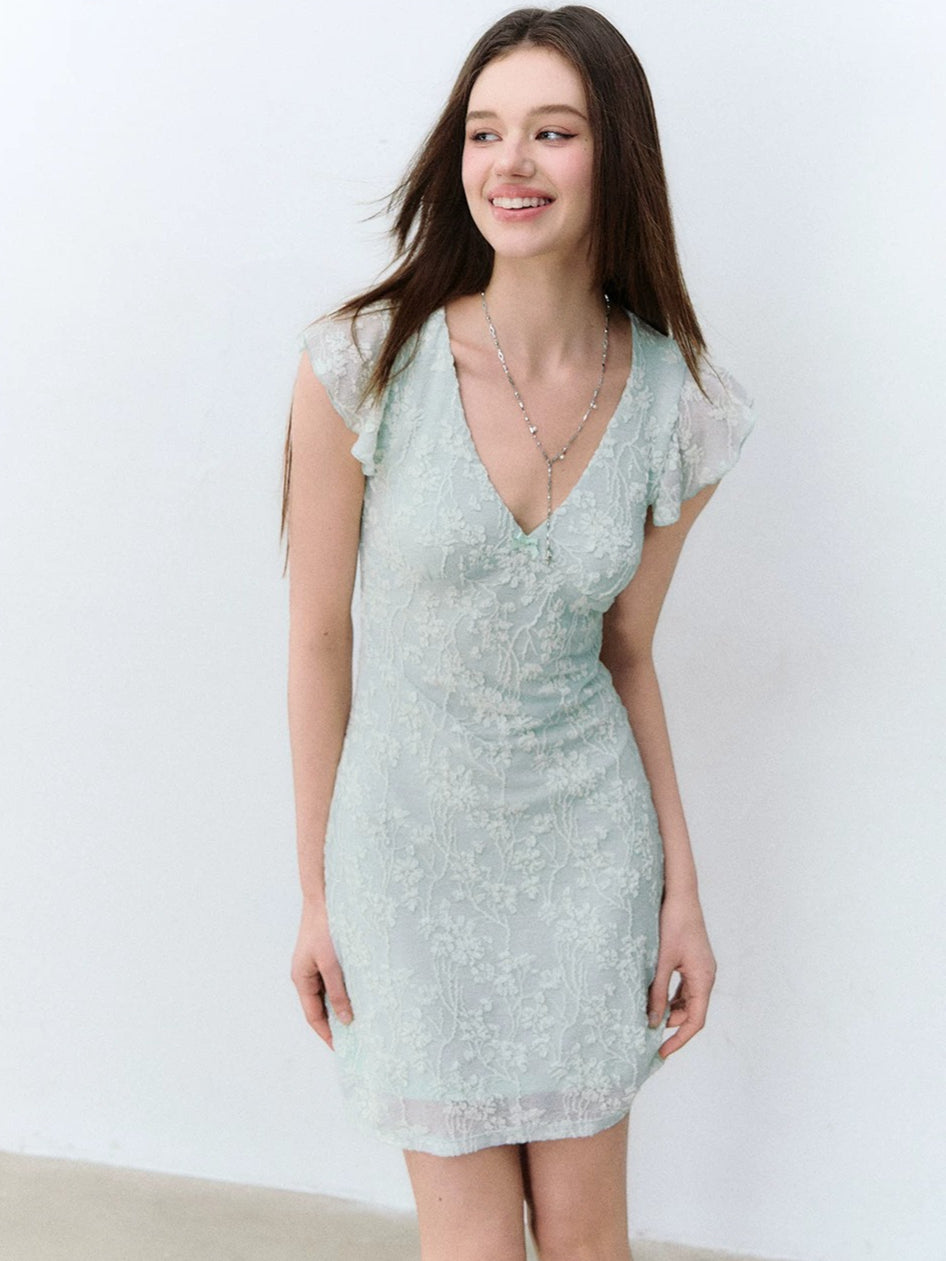 Lace Patchwork Knit V-neck Dress
