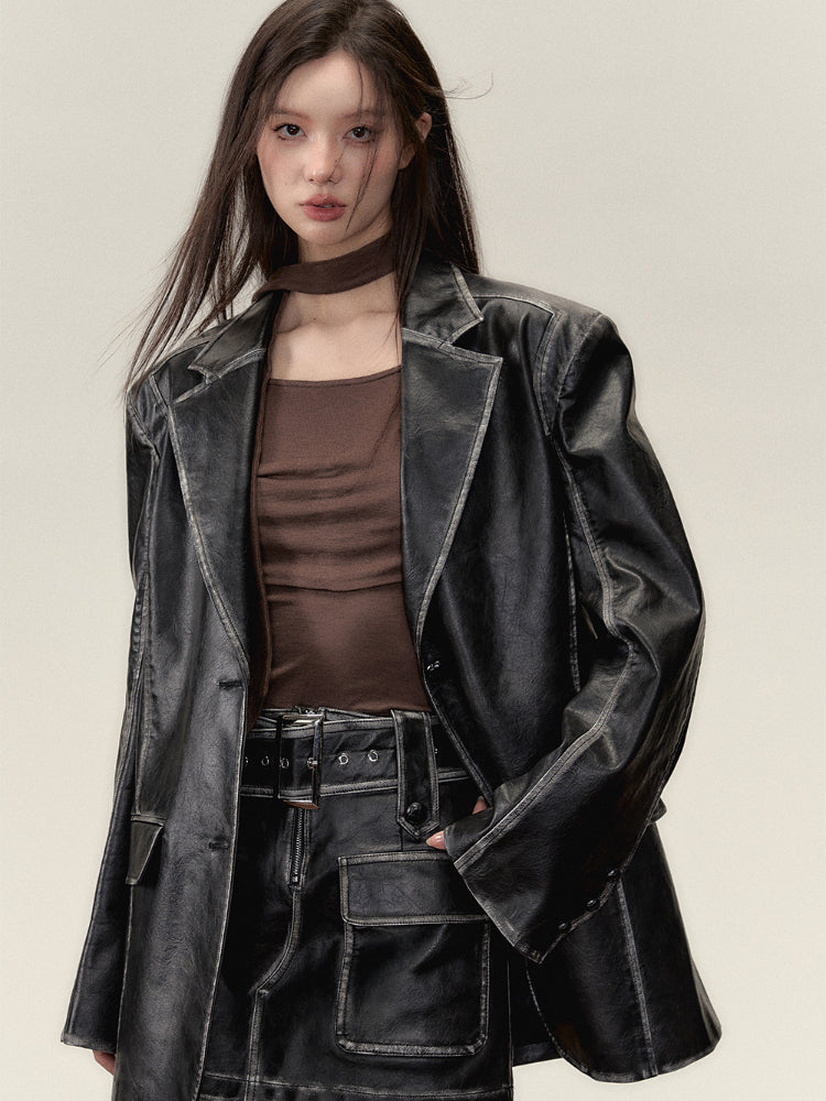 Vintage PU Leather Jacket &amp; Skirt Two-Piece Set