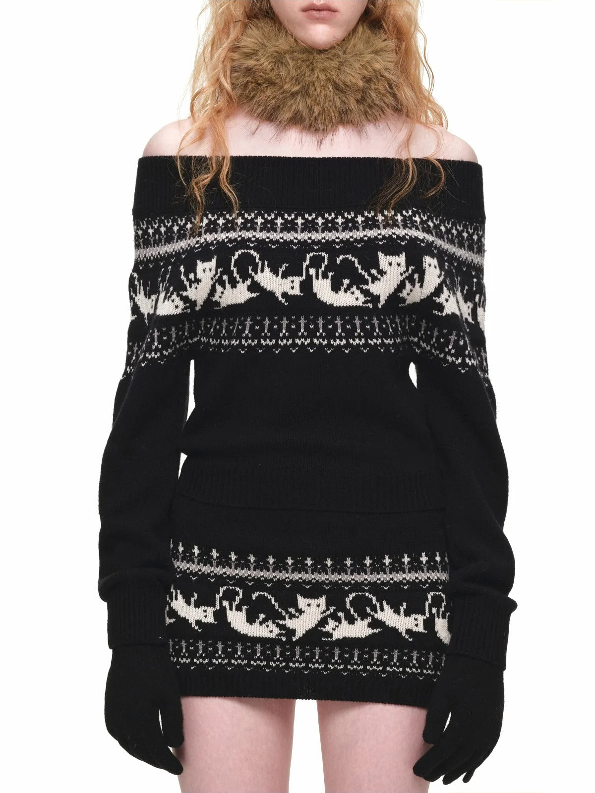 Fair Isle Cat Off-Shoulder Sweater
