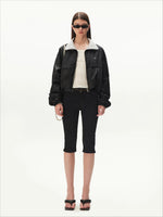 Contrast-Panel Capri Denim Shorts