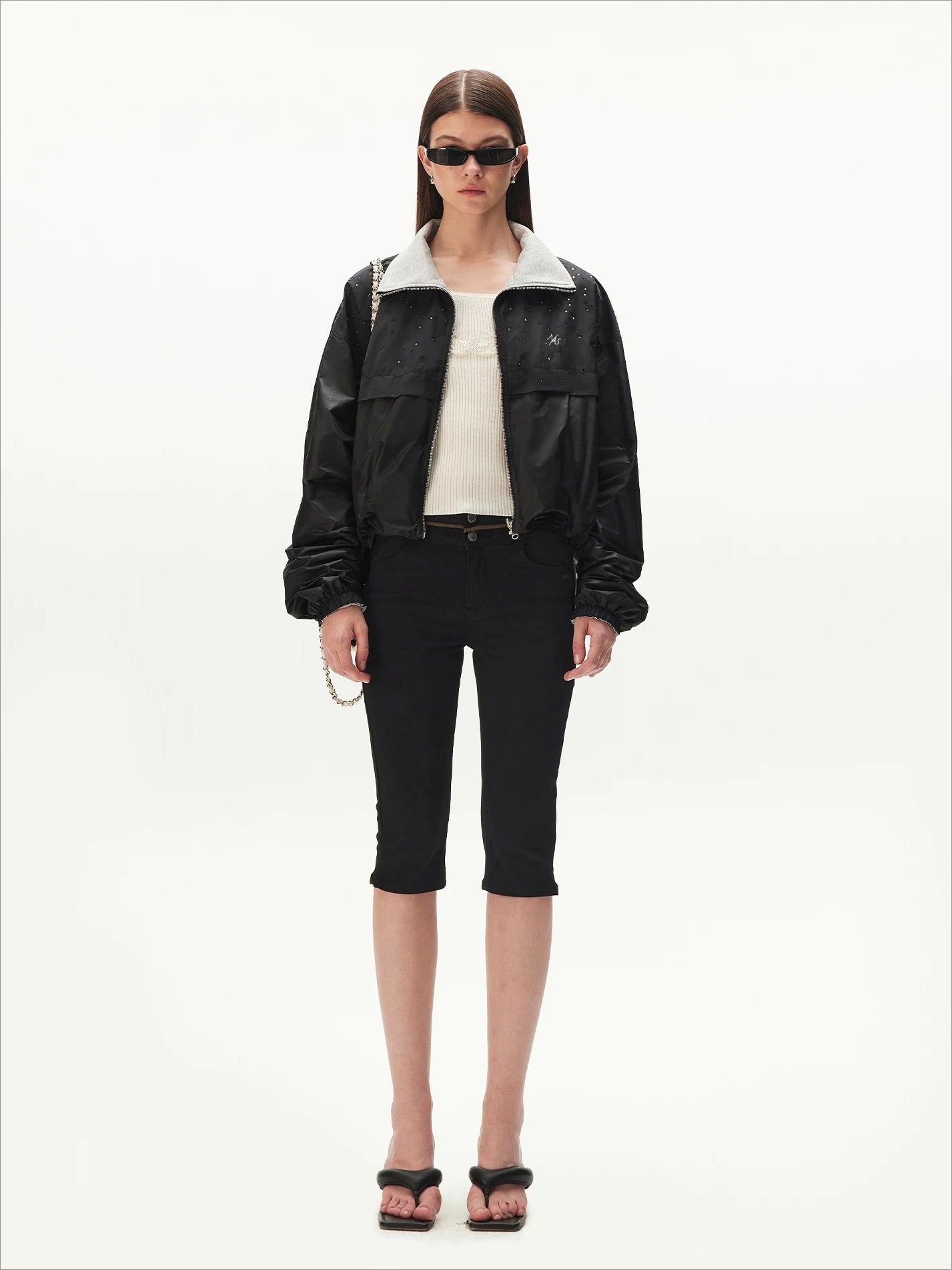 Contrast-Panel Capri Denim Shorts