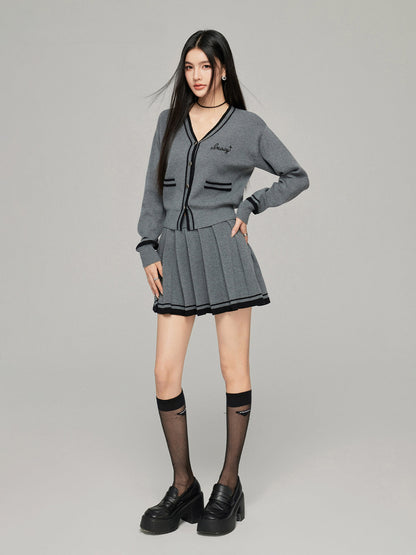 Contrast Color Knit V-neck Cardigan Set