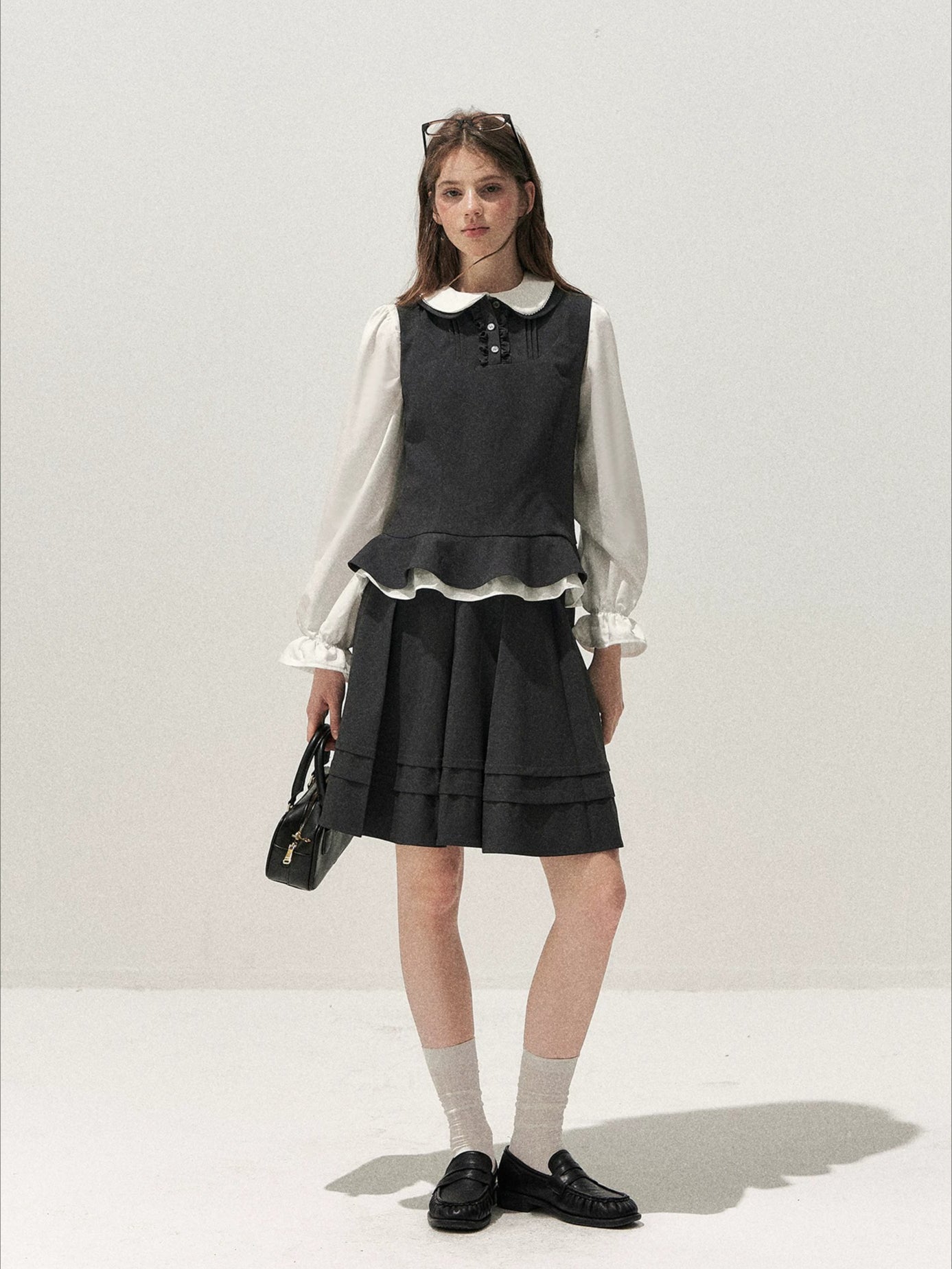 Lace-Trim Vest &amp; Pleated Skirt Set