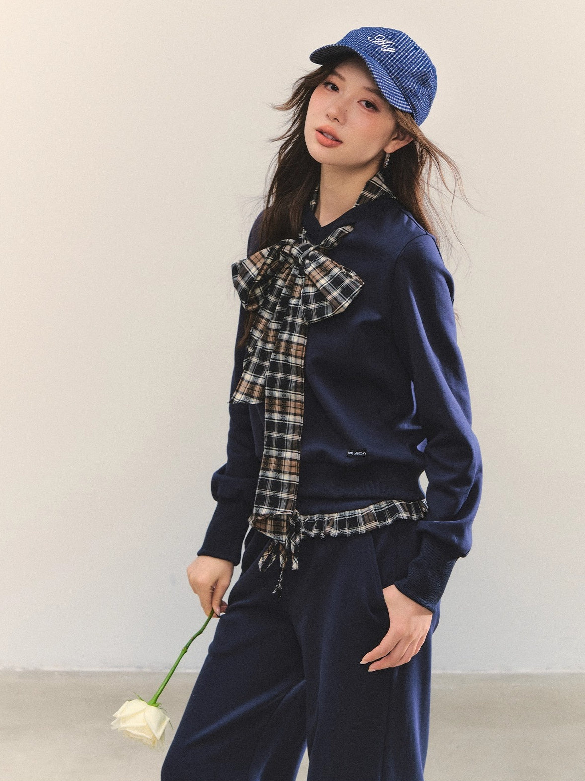 Navy Blue Plaid Bow-Tie Sweatshirt &amp; Pants Set