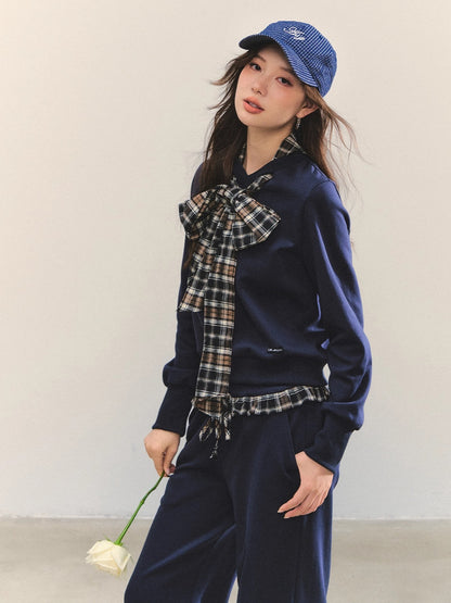 Navy Blue Plaid Bow-Tie Sweatshirt &amp; Pants Set