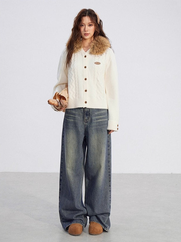 Cable Knit Fur-Collar Hoodie