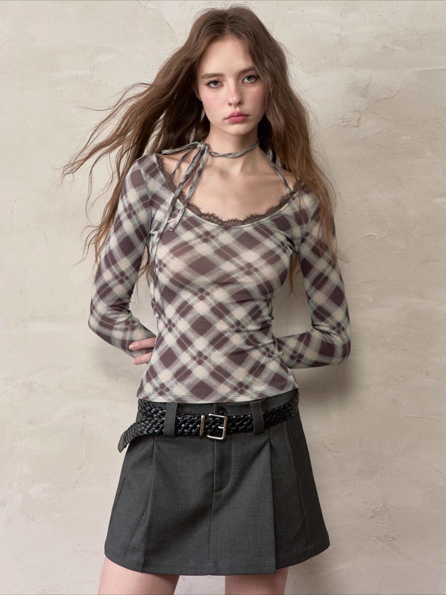 Plaid Tie-Up Neck Long-Sleeve T-shirt