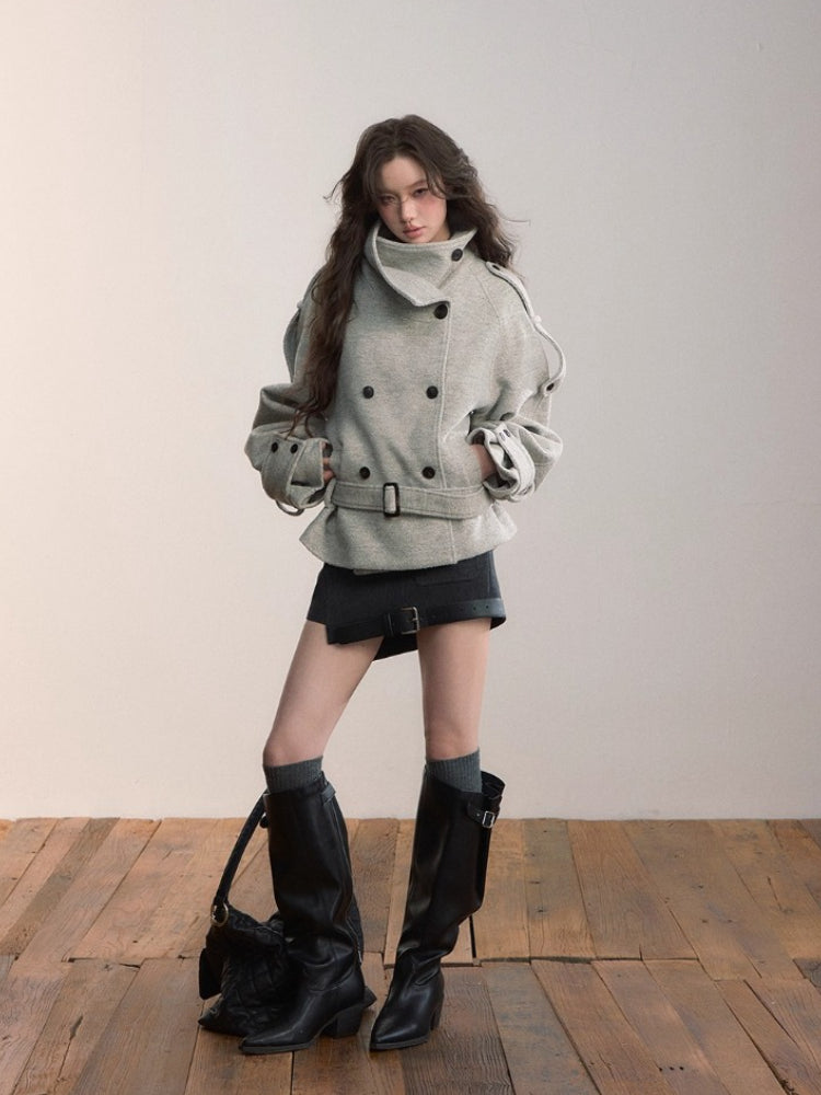 Contrast Double-Breasted Wool-Blend Coat