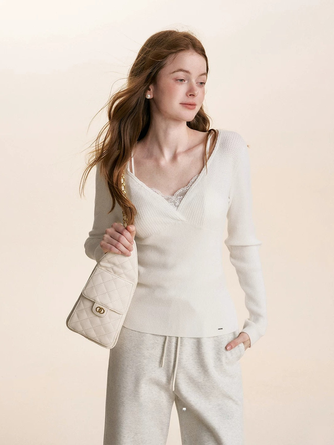 Wave-Trim V-Neck Knit Top