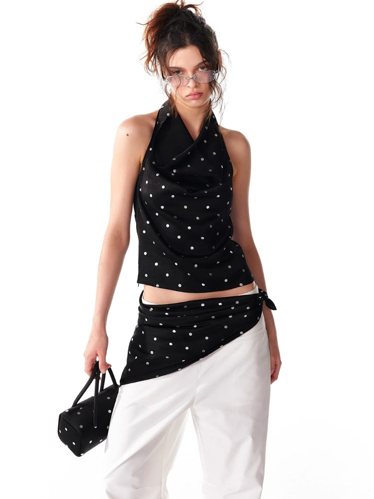 Black Silver Polka Dot Neckline Backless Top