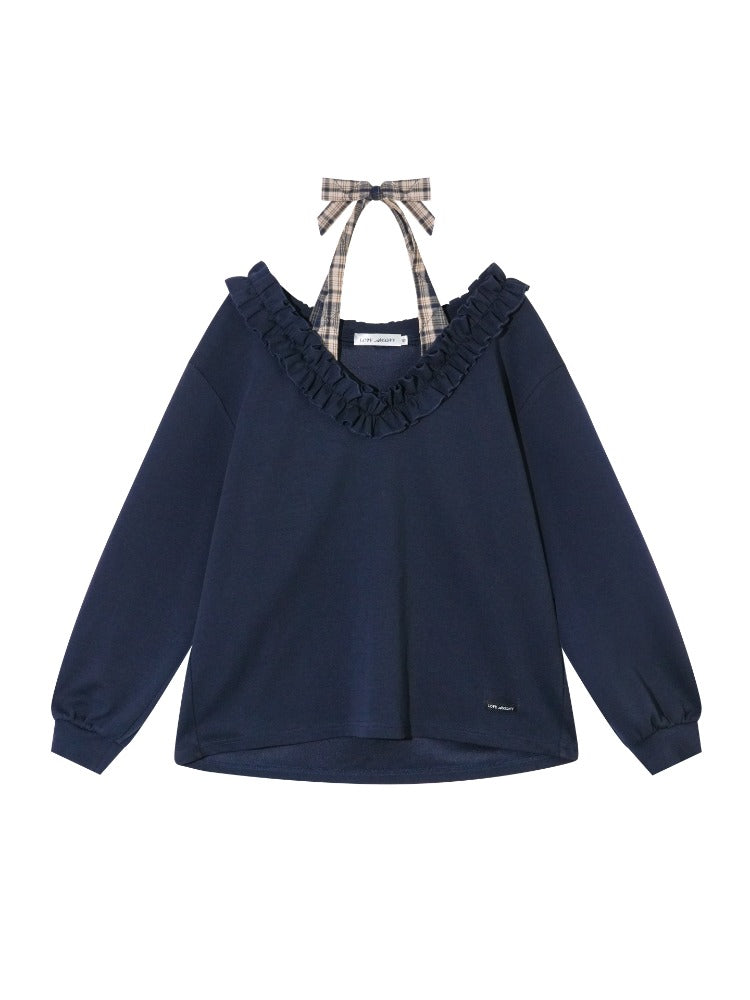 Navy Blue Plaid Halter Ruffle Sweatshirt &amp; Skirt set