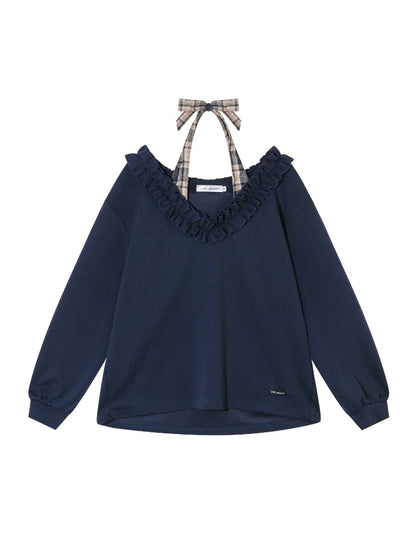 Navy Blue Plaid Halter Ruffle Sweatshirt &amp; Skirt set