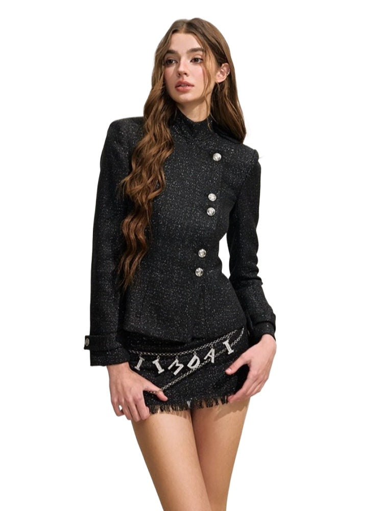 Shimmery Tweed Waist Jacket & Fringe Hem Skirt Set